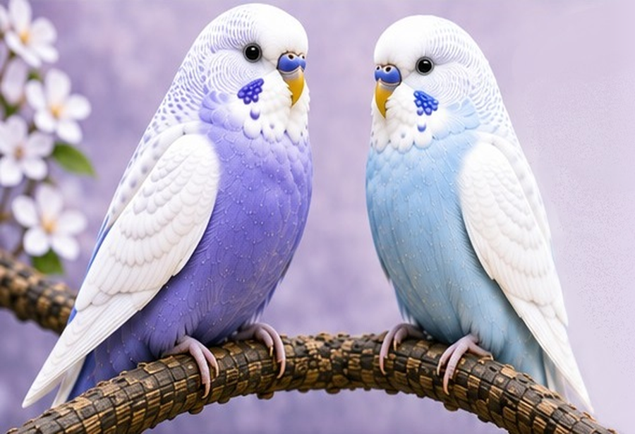 Two Heritage Clearwing budgies perched on a branch